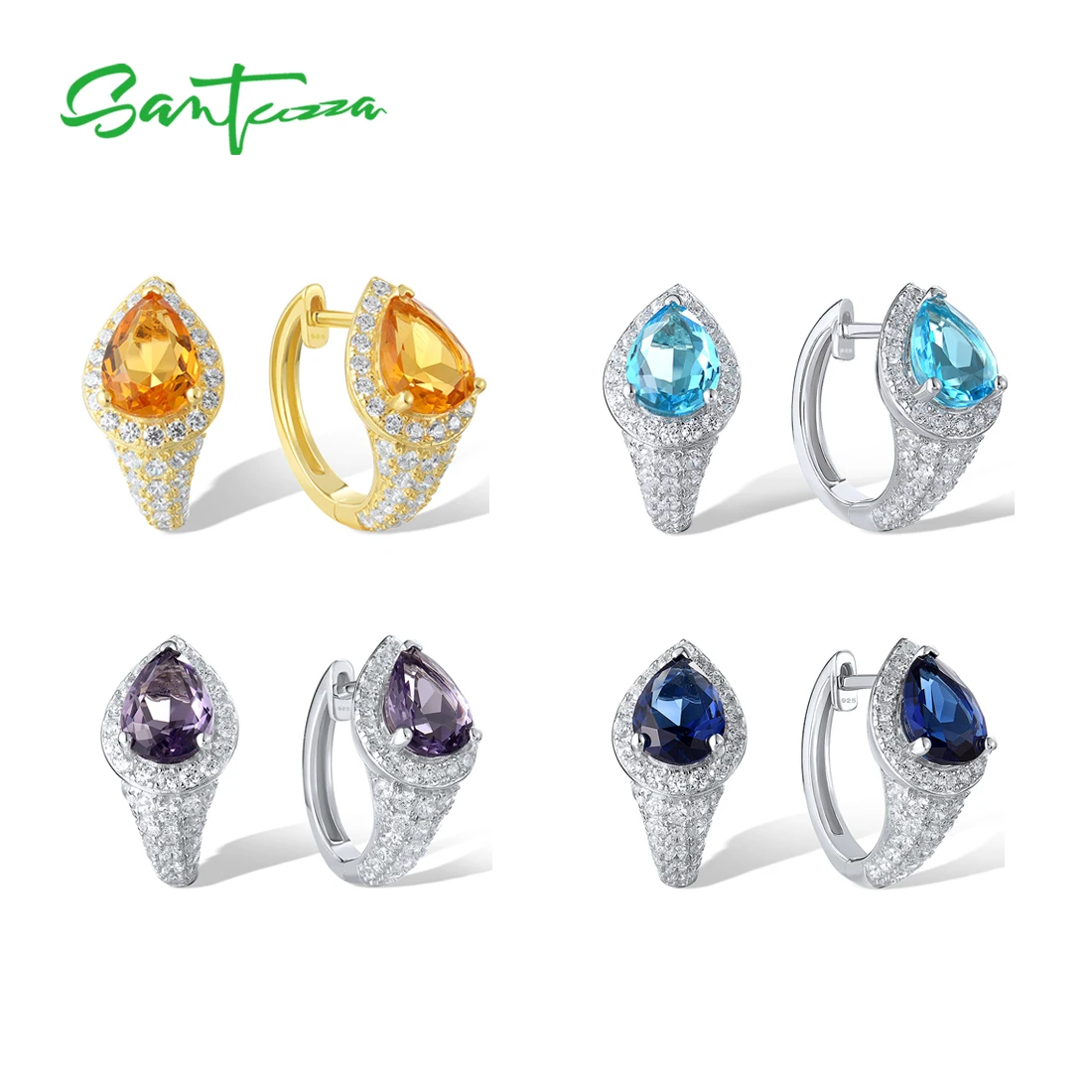 SANTUZZA Authentic 925 Sterling Silver Hoop Earrings For Women White CZ Green Spinel Luminous Party Elegant Gifts Fine Jewelry