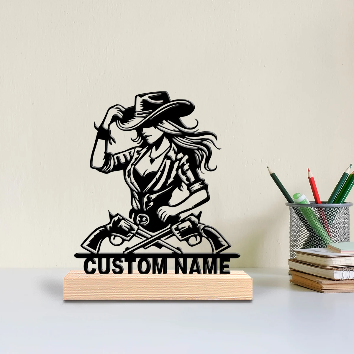 1pc Minimalist Sidekick girl Customized Name Metal Statue Iron Ornament Tin Sculpture With Wood Base Art Figurine With Wood