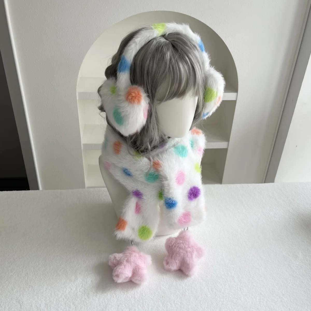 Japanese Rainbow Polka Dot Faux Fur Scarf Women Sweet Fluffy Neck Warmer Plush Star Pendant Warm Street Daily Outfit Accessories