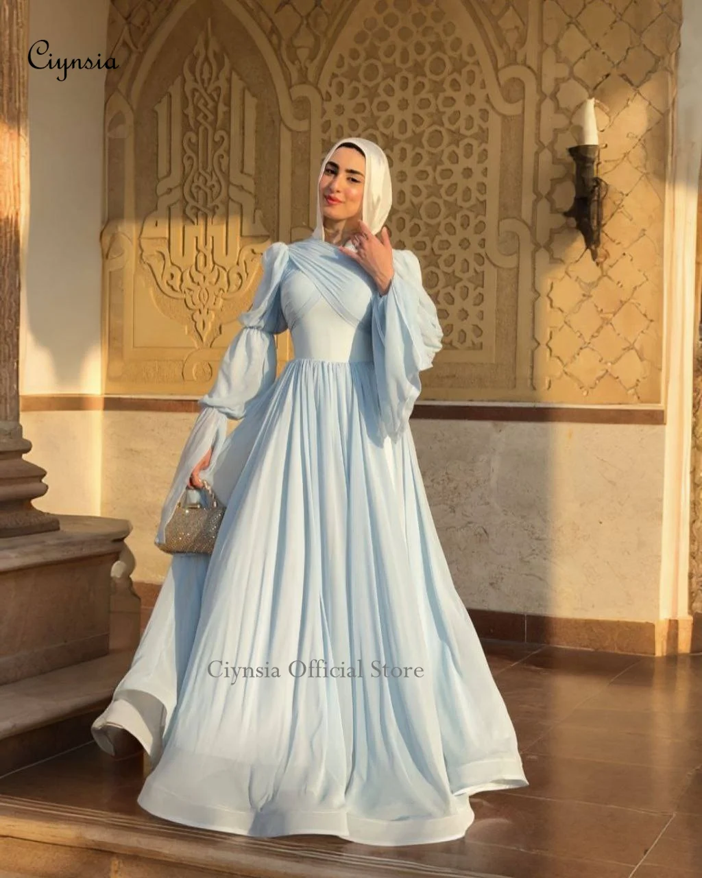 Ciynsia Personalizowana Jasnoniebieska Sukienka Wieczorowa z Wysokim Dekoltem, Warstwowymi Rękawami, Linia A, Sukienki na Formalne Okazje, Księżniczka, Szyfonowa Suknia Balowa