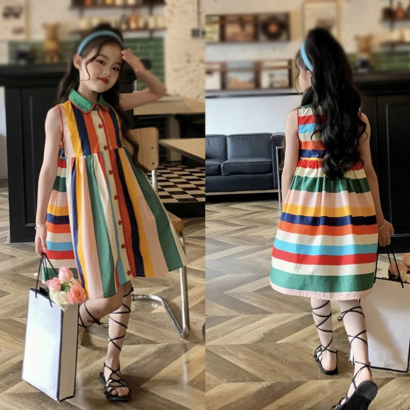 Toddler Girl\'s Shirt Dress Striped Pattern Color Block Dress Sleeveless Button Front Ruffle Cute Dresses