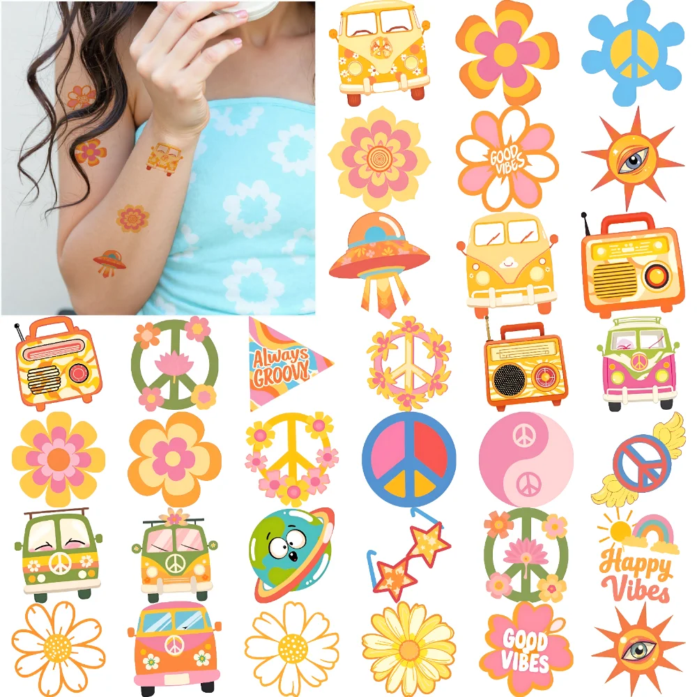

54pcs Temporary Tattoo Heart Waterproof Long-lasting Body Stickers UFO Groovy Cartoon Smile For Adults Cheeks Women