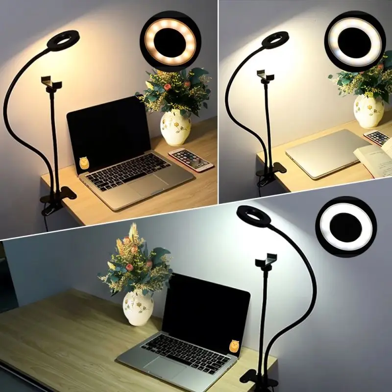 

Modern USB Powered LED Ring Light with Phone Holder Clip Table Stand Live Stream Selfie Makeup Lamp for Bedroom