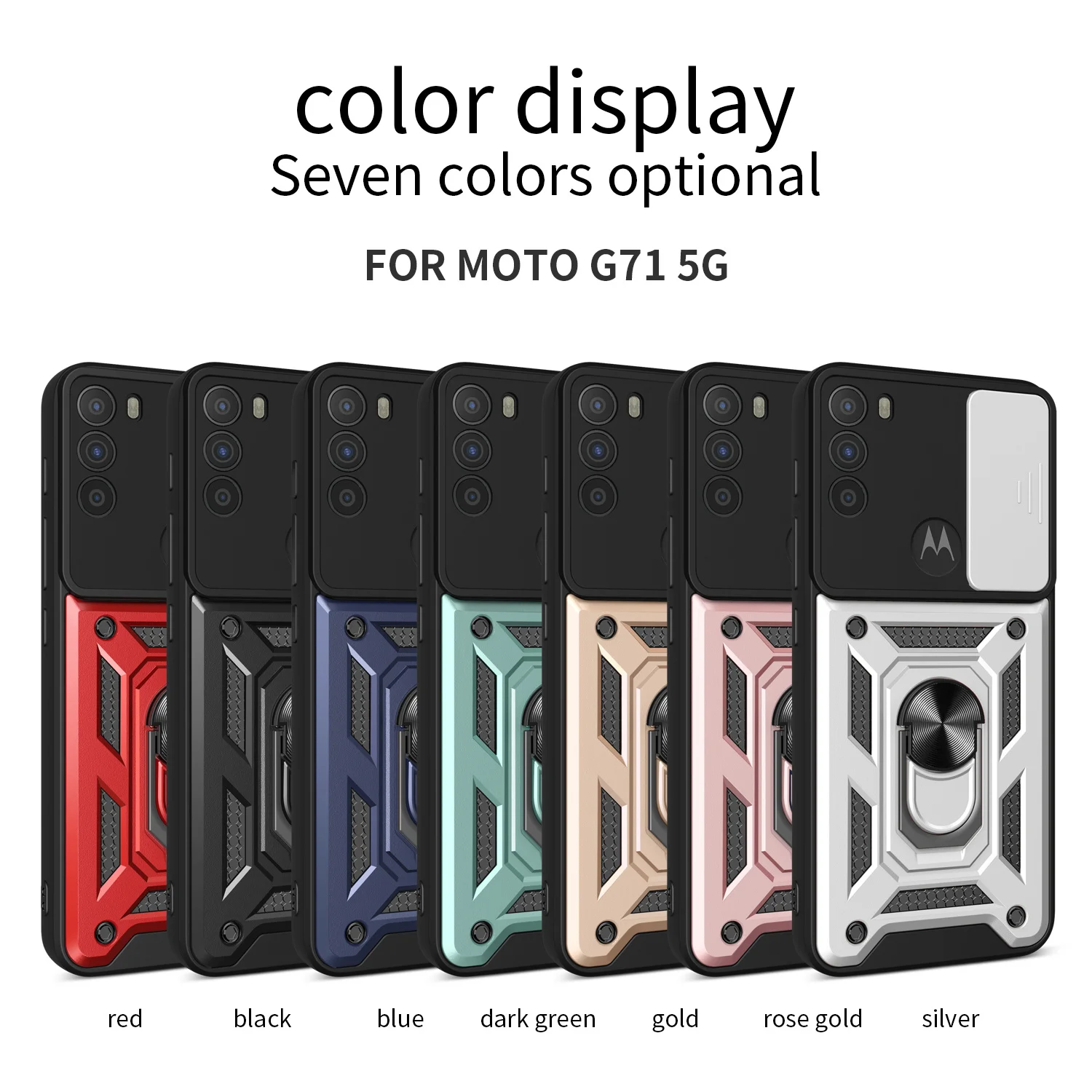 Motorola Moto G71 5G用スライドカメラアーマーアドバンスグリッターパウダーフォンケース、Moto G71 5G用車載ホルダーリング付きブラックカバー