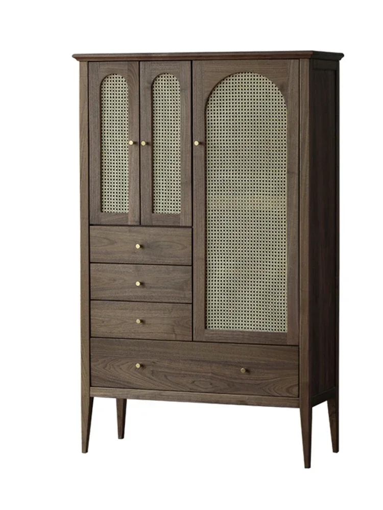 

Nordic Walnut Solid Wood Rattan Wardrobe Japanese Retro Locker Simple Bedroom Storage Cabinet