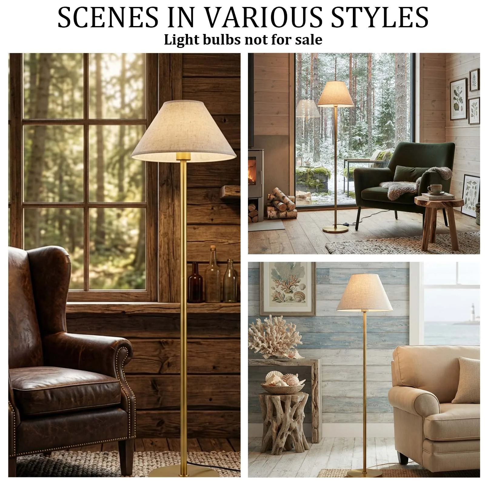 Golden Standing Lamp, Cream Tapered Shade, Foot Switch, Gold Metal Pole, Versatile, Rustic, Bedroom, Reading Corner