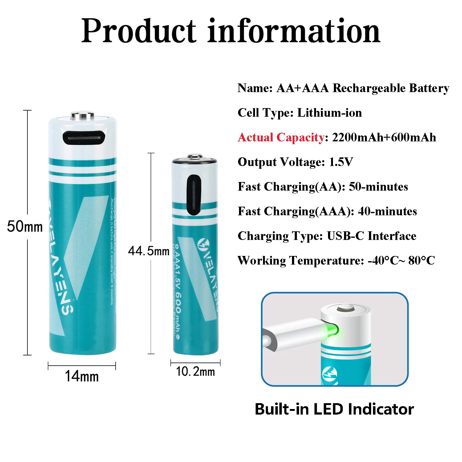 USB Rechargeable Lithium AAA Battery 1.5V 600mAh High Actual Capacity 2000+ Charge Cycles Fast Charging Safe Long-Lasting Power
