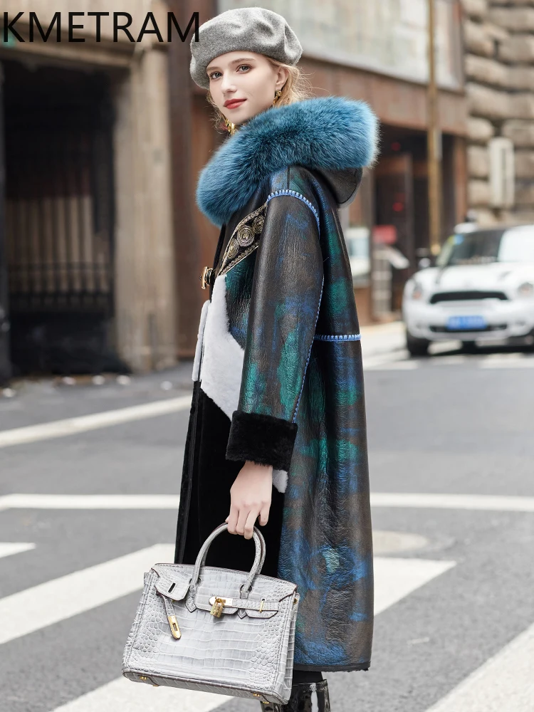 KMETRAM Natural Sheepskin Wool Fur Coat with Fox Fur Collar Clothes for Woman Black Long Hooded Winter Outerwears 2025 fourrures