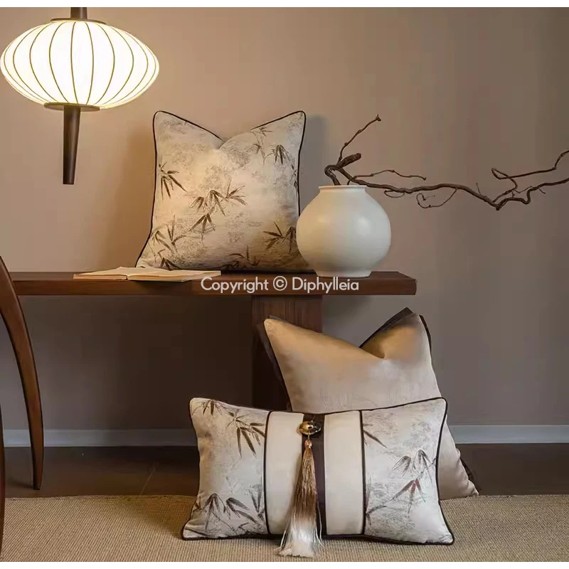 Diphylleia Wabi-Sabi Home Decorative Pillow Caes Luxury Irregular Design Bamboo Leaves Jacquard Cushion Cover For Villa Hotel