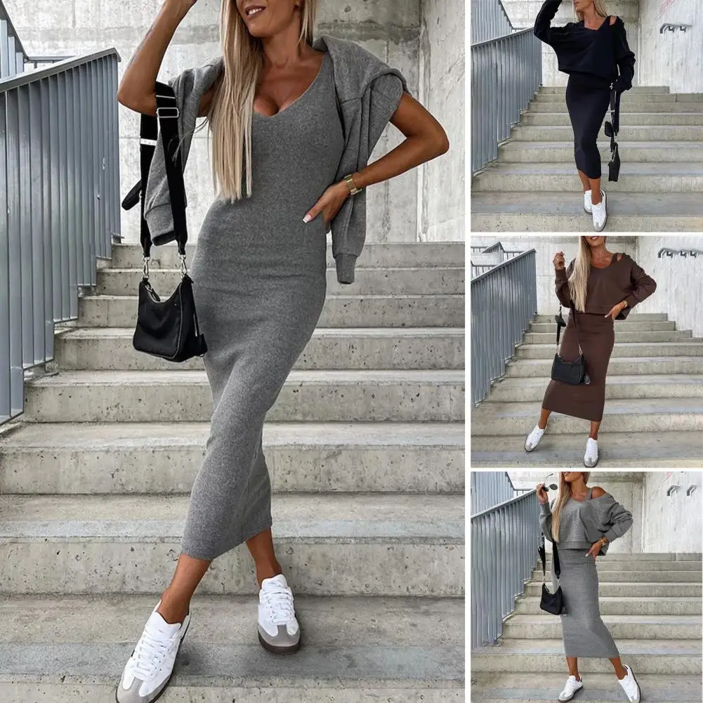 Solid Color Casual Outfit Bodycon Vest Dress Sweatshirt Set Versatile Women's Autumn Winter 2-piece Set Sleeveless Bodycon Vest