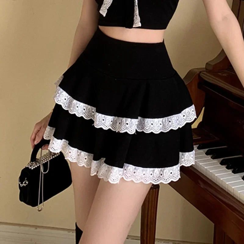 

2023 Women Japanese Gothic Mini Skirts Harajuku Lace Ruffles High Waist JK Skirt Lolita Style Girls Sexy Punk Tiered Skirt New