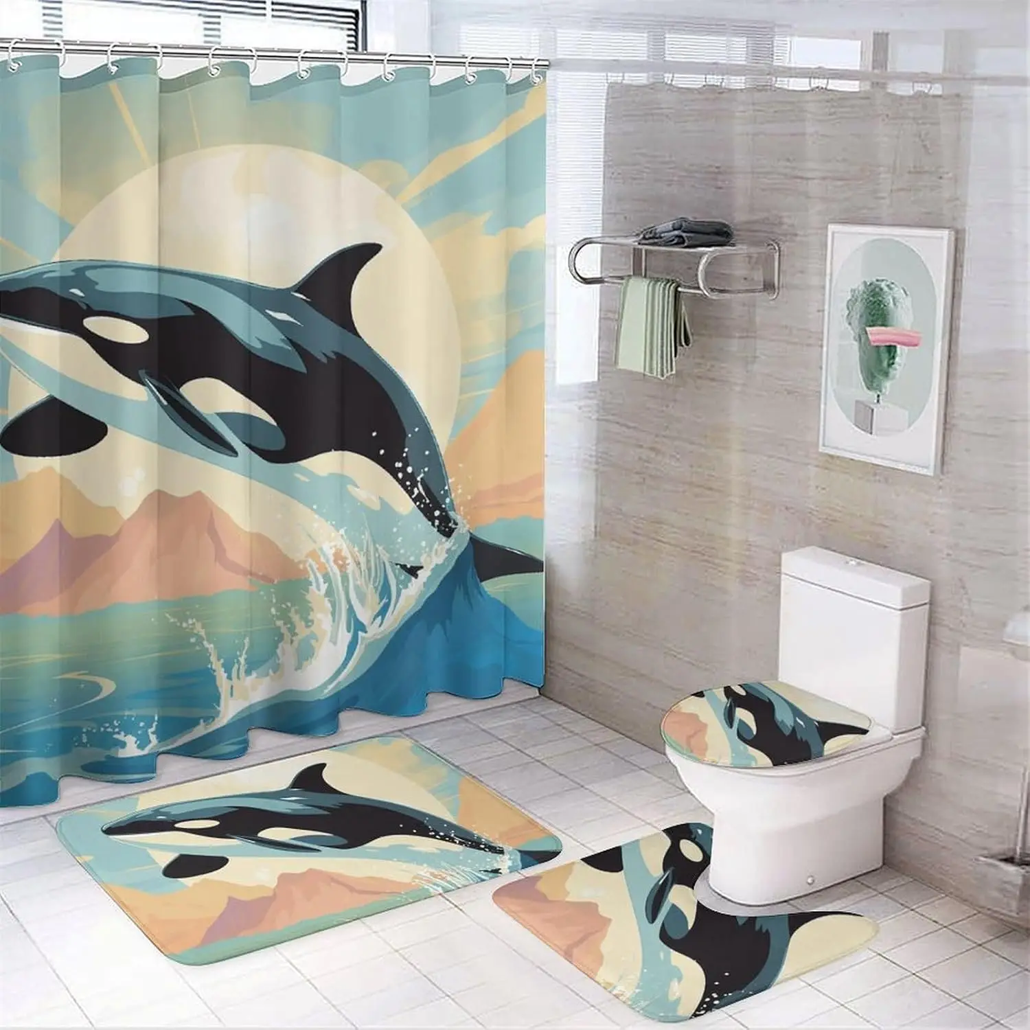 

Набор штор для душа Orca in The Sea, состоящий из 4 предметов с нескользящими ковриками, крышкой унитаза и ковриком для ванной, мягким водонепроницаемым ковром для ванной комнаты Ba