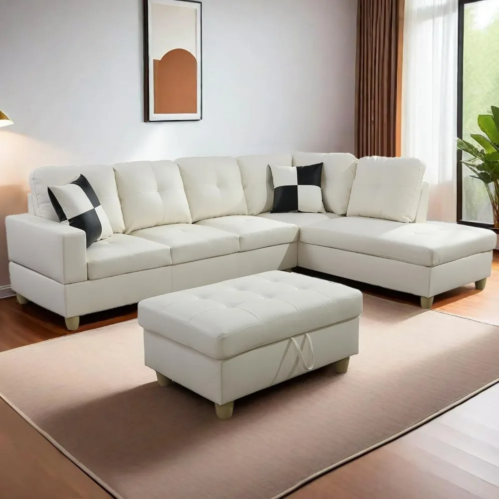 L Shaped Sectional Couch with Storage Ottoman, Nailhead Lounge Sofa with Reversible Cup Holder & Chaise, 4 Seat Modular Sofas