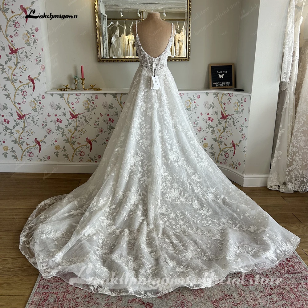 Lakshmigown Perlen Spitze Boho Strand Hochzeitskleider 2027 Vestidos Lange Brautkleider V-Ausschnitt Spaghettiträger Maßanfertigung – Detail 6