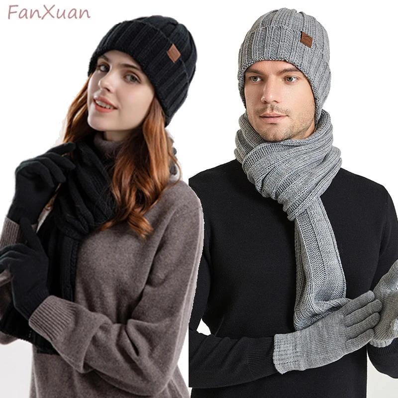 Women Men Knitted Long Scarf Hat Gloves 3pcs Set Winter Thick Plush Fleece-lined Beanies Hat Black Gray Touchscreen Gloves