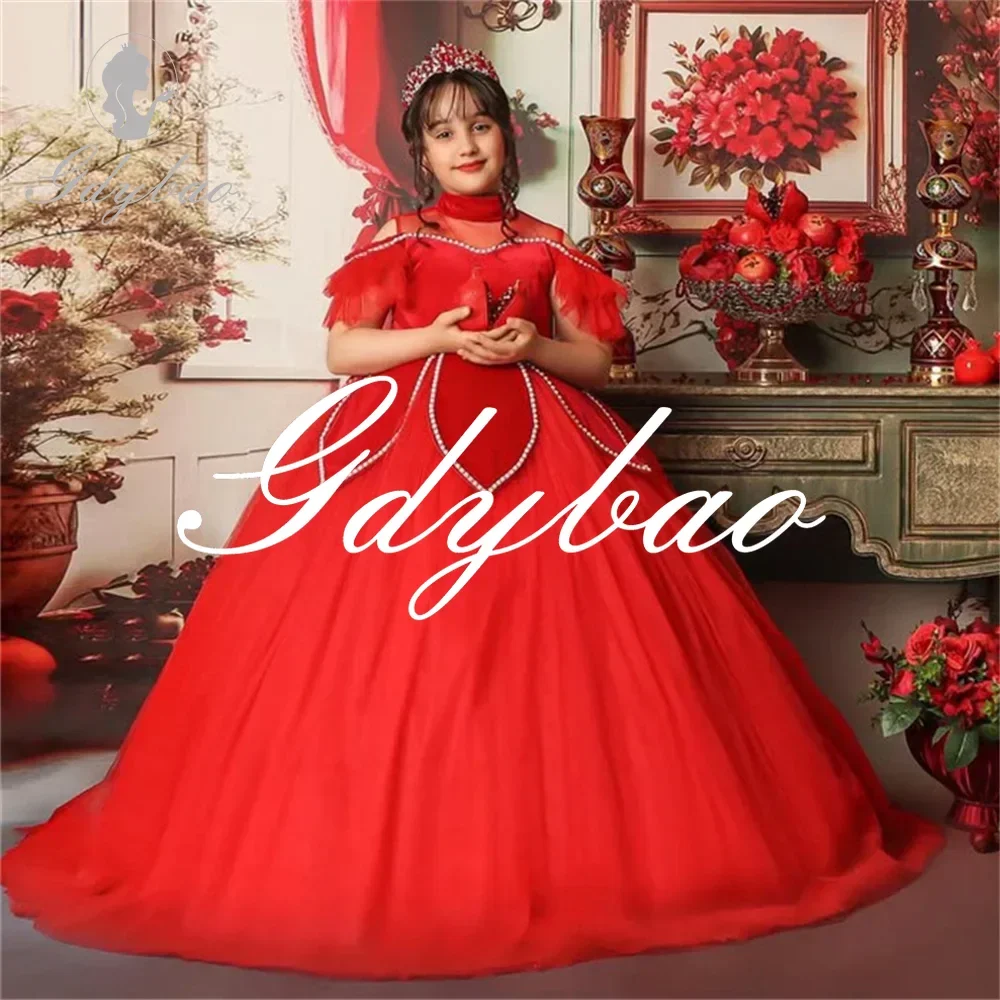

High Neck Beading Off The Shoulder Pleat Long Ball Flower Girl Dress Floor Length Sweep Train First Communion Gown Customized
