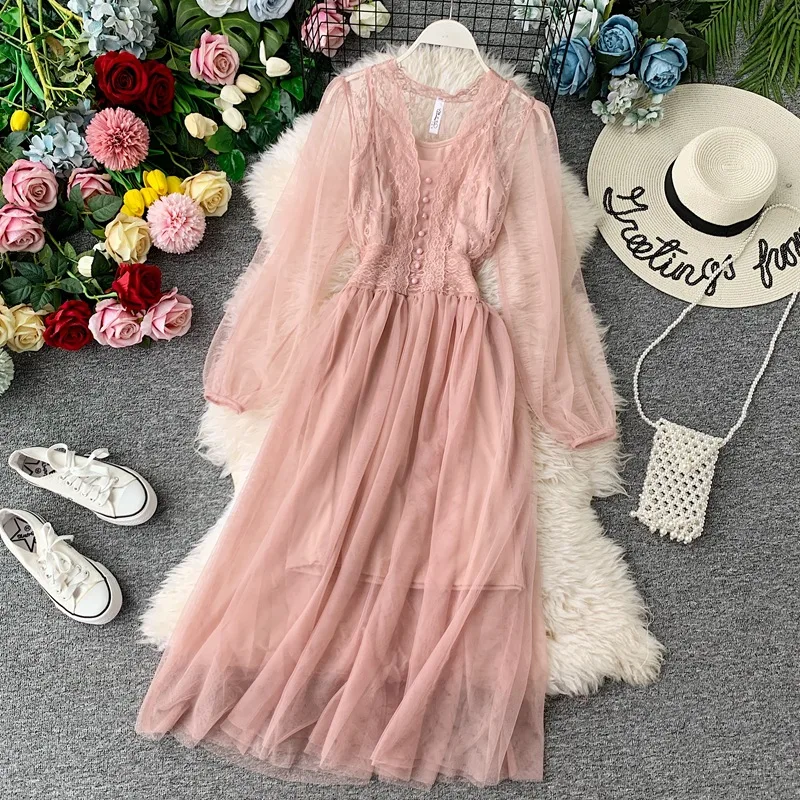 

2023 Summer Women Sweet Mesh Lace Fairy Dress Korean Sexy V-neck Casual Dresses New Female Long Sleeved Slim Long Robe Vestidos