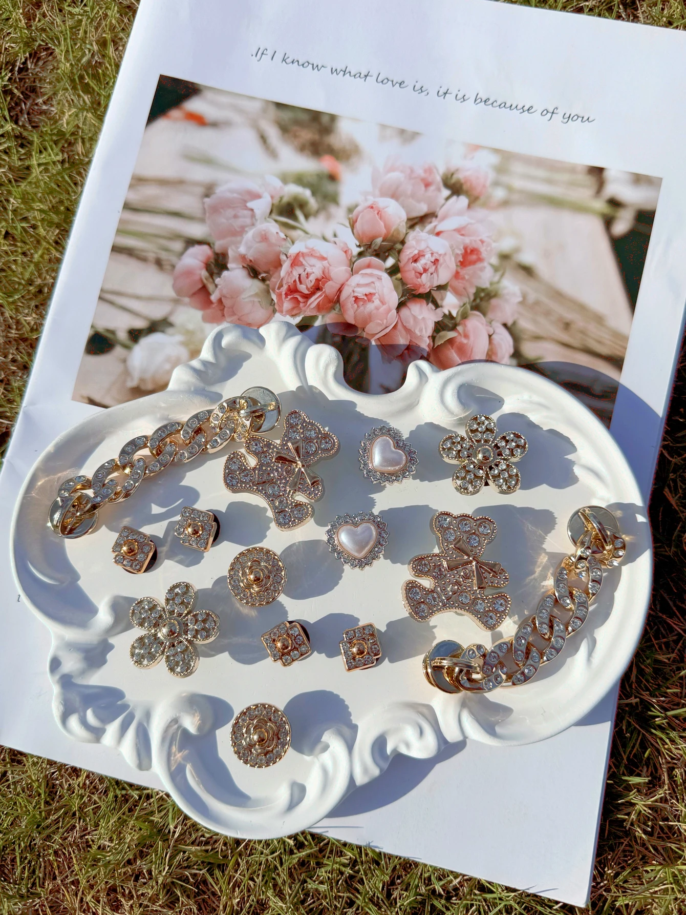 14 golden rhinestone bear heart-shaped flower shoe buckles and chain DIY decorations, perfect gifts for sandals and beach bags