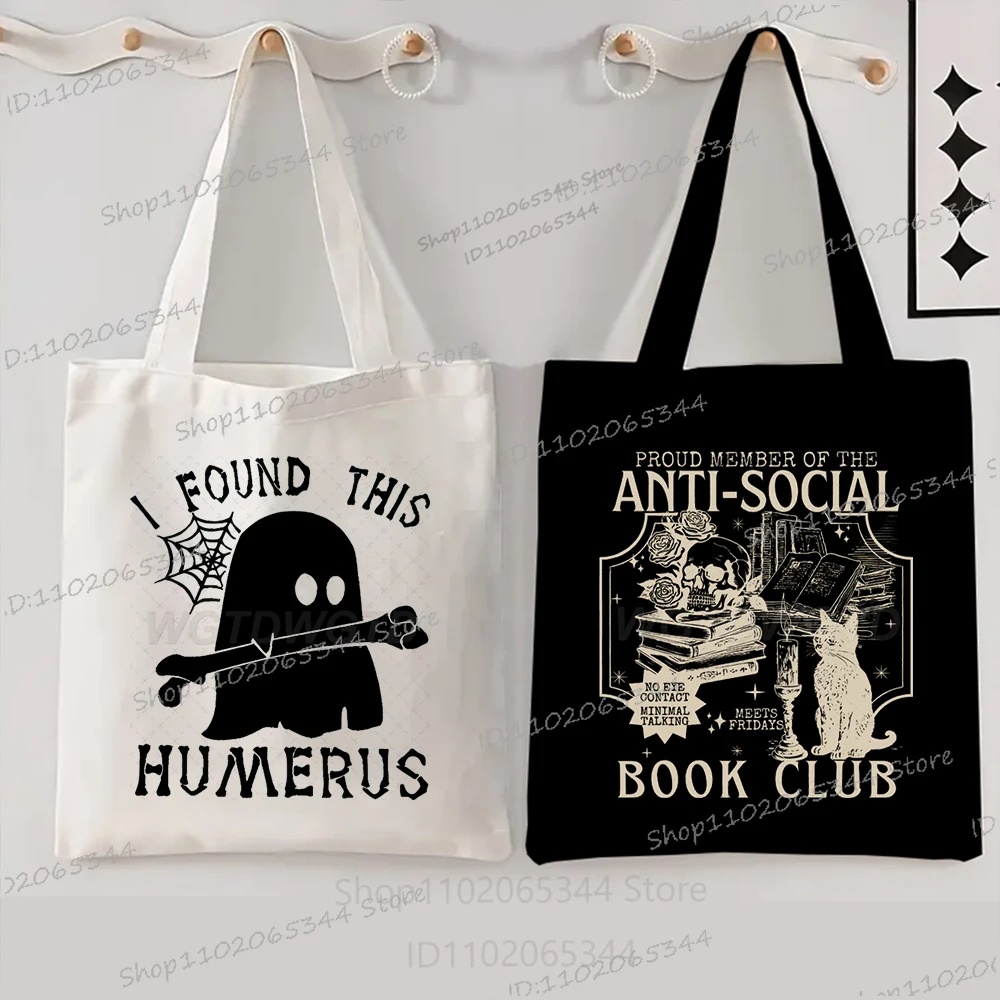 

Women's Handbags Halloween Skull Boo Canvas Tote Bags Halloween Books Club Gifts Shopping Bags Women Men Vintage Shoulder Bag