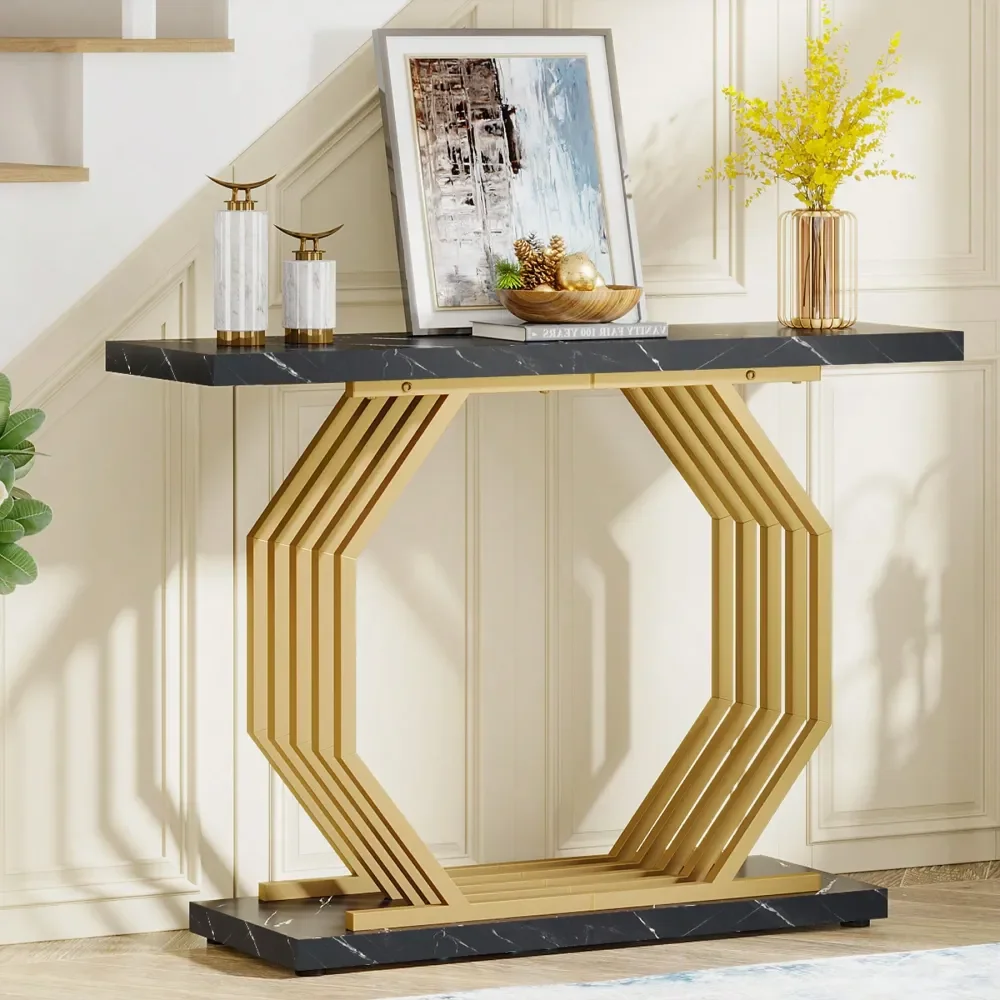 

40 Inch Gold Console Table Faux Marble Entryway Table Narrow Sofa Table Modern Accent Table For Living Room, Entrance, Hallway