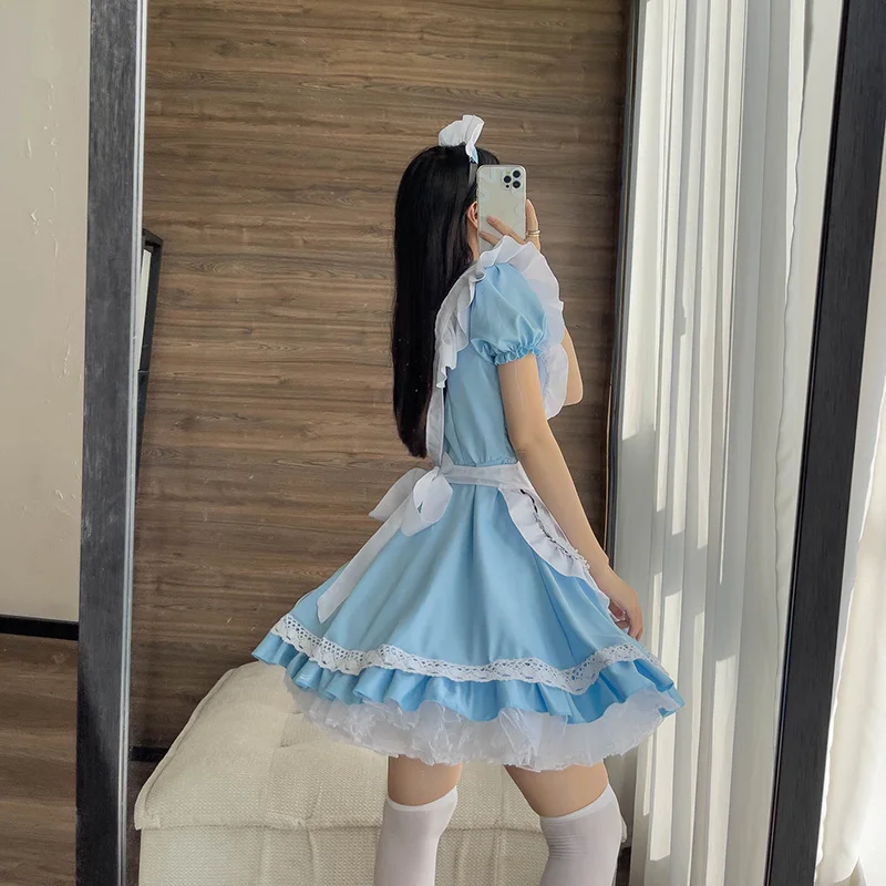 Niebieskie alicja karty do gry Lolita stroje pokojówki Cosplay dla dziewczynek kobieta kelnerka Alice pokerowa pokojówka kostium sceniczny