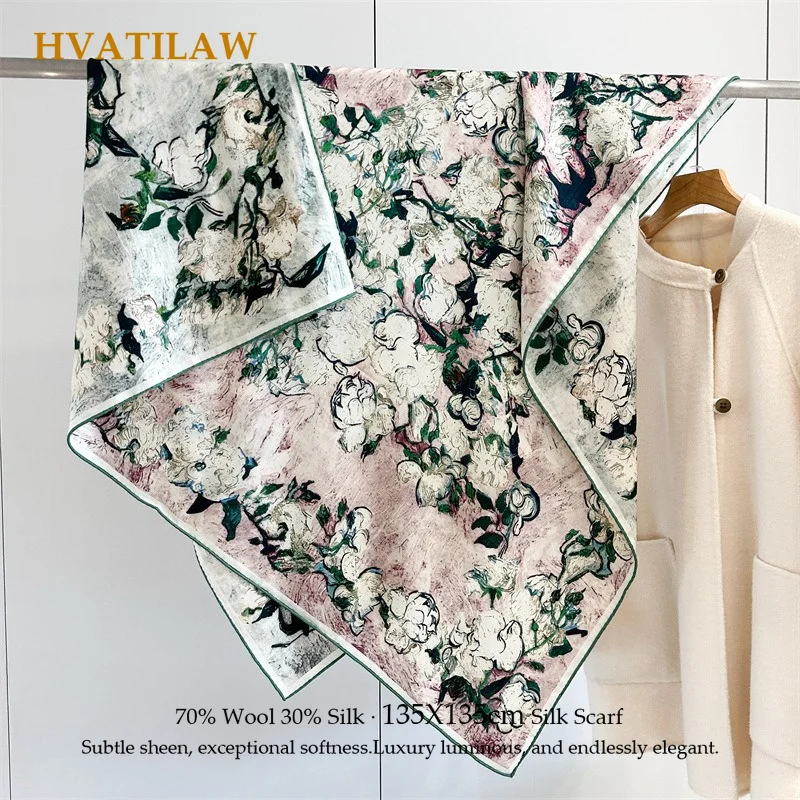 Luxury 135x135cm Silk Wool Scarf 30% Silk 70% Wool Big Square Scarf Women Designer Print Warm Winter Shawl Wrap Bandana Poncho