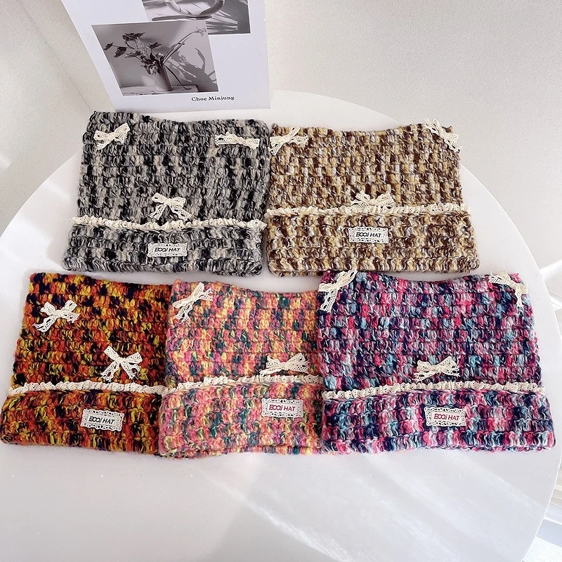 

Милые кошачьи уши с бантом, цветные вязаные шапки для женщин, зимние теплые шапочки Skullies, универсальный пуловер, шапка