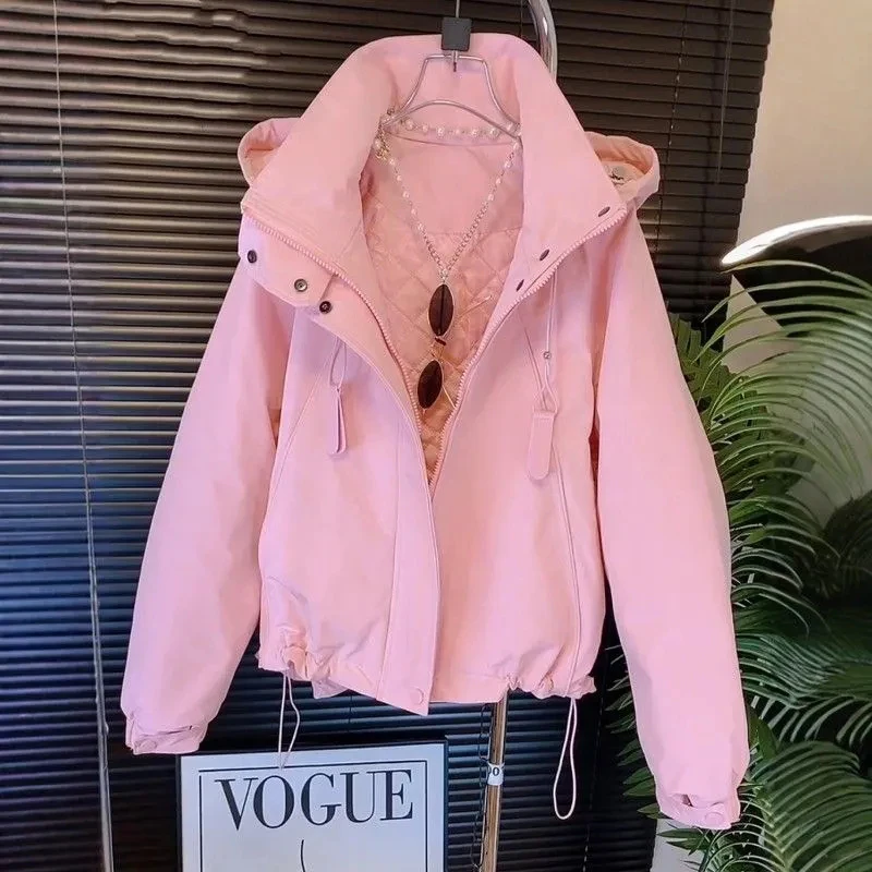 Cozy Women Pink Hooded Jacket Quilted Lining Coat Zip Up Long Sleeve Drawstring Hem Winter Warm Preppy Trendy Outerwear Top
