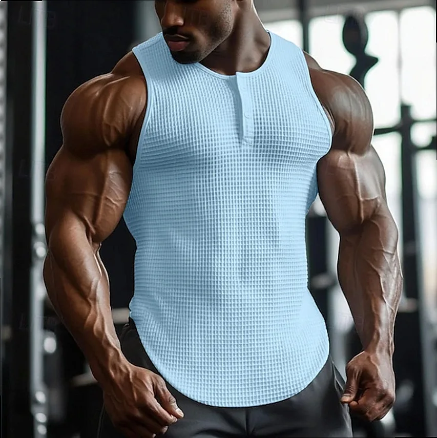 Men's Sleeveless Vest Muscle Tank Top Casual Bodybuilding Gym Shirts Pure Color Button Down Streetwear Singlet