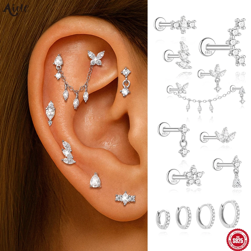Aide 1pc 925 Sterling Silver Moissanite Threaded Cartilage Silver Stud Earrings For Women Ins Ear Bone Piercing Jewelry Gift