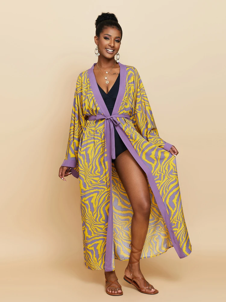 Zebra Beach Cover Ups for Women Long Sleeve Kimono Dress Self Belted Rayon Elegant Pareo 2023 Bathing Suits Holiday Beachwear