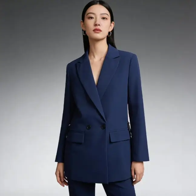 Women Autumn Spring Casual Blazer Jacket Pure Color Double-Breasted Pocket Decorative Daily Office Fashion Coat