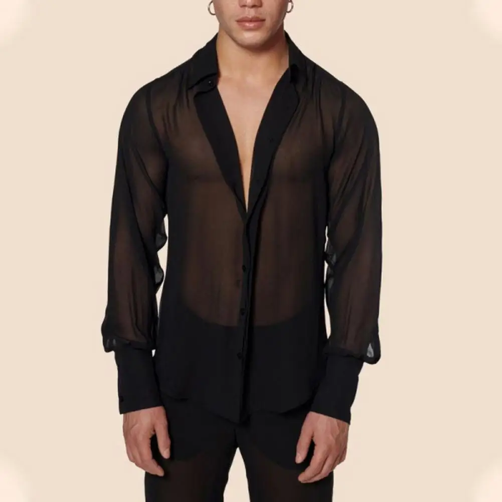 Men's Shirt Mesh See Through Lace Up Lapel Long Sleeve Camisas Streetwear 2024 Pleated Solid Party Men Clothing S-5XL