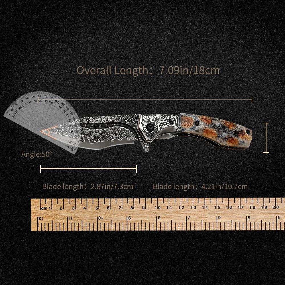 NEWOOTZ Handcrafted Outdoor Essential - Damascus Folding Knife with VG-10 Core, Cow Bone Handle, & Italian Leather Sheath