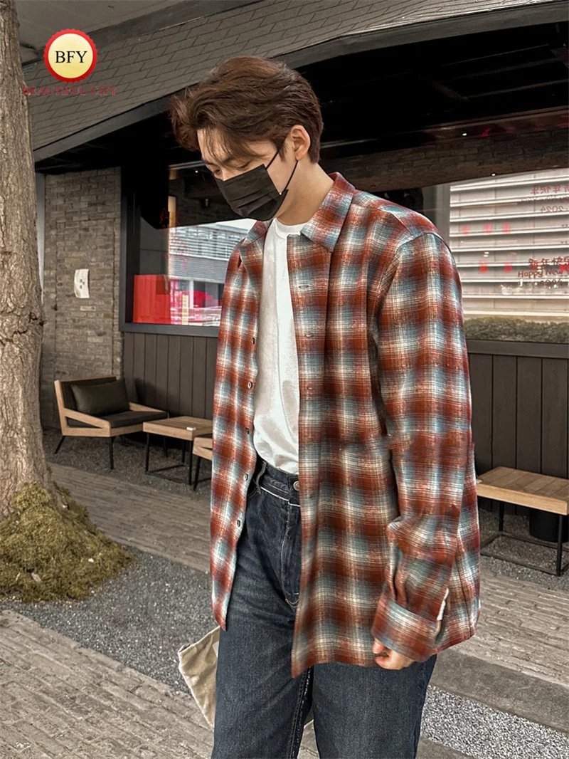 Vintage Shirt High Colour Matching Rust Red Brand Broad Version Classic Color Blocking Plaid Shirt Jacket