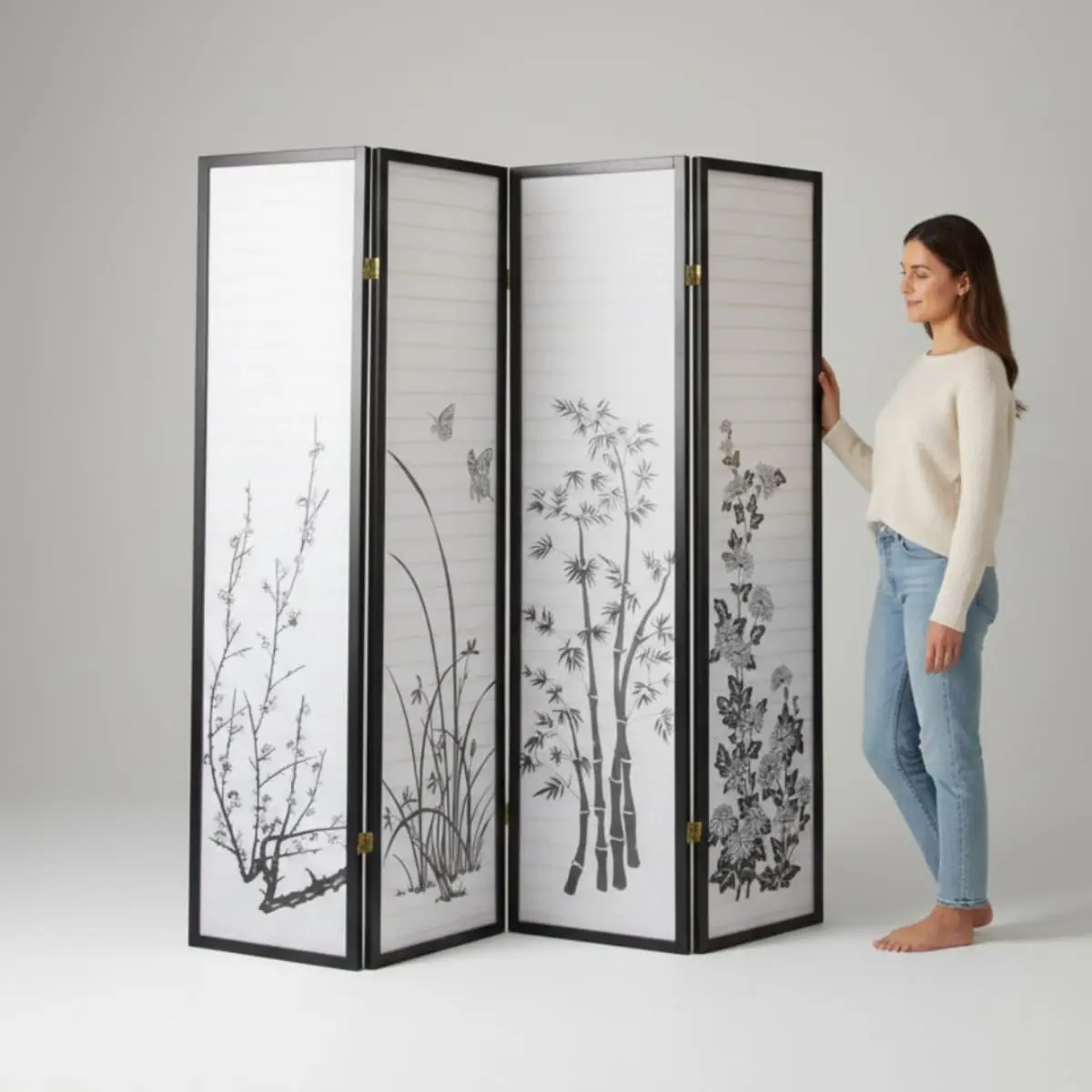 Room Divider Privacy Screen with 4 Panels, Bamboo Print Design, 71 Inch