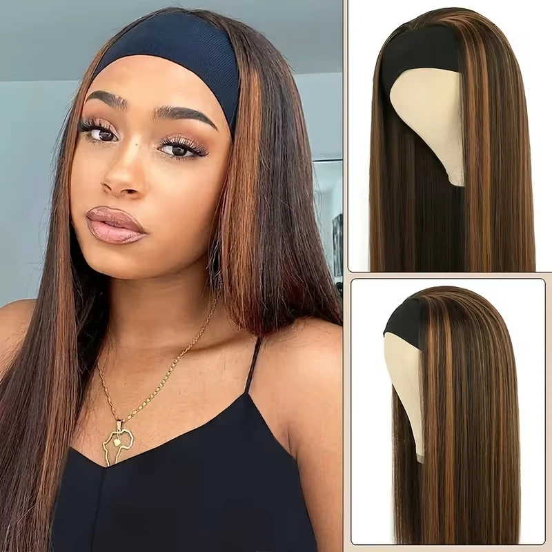 

Elegant women's headscarf with long straight , ice silk , synthetic hair headband wig