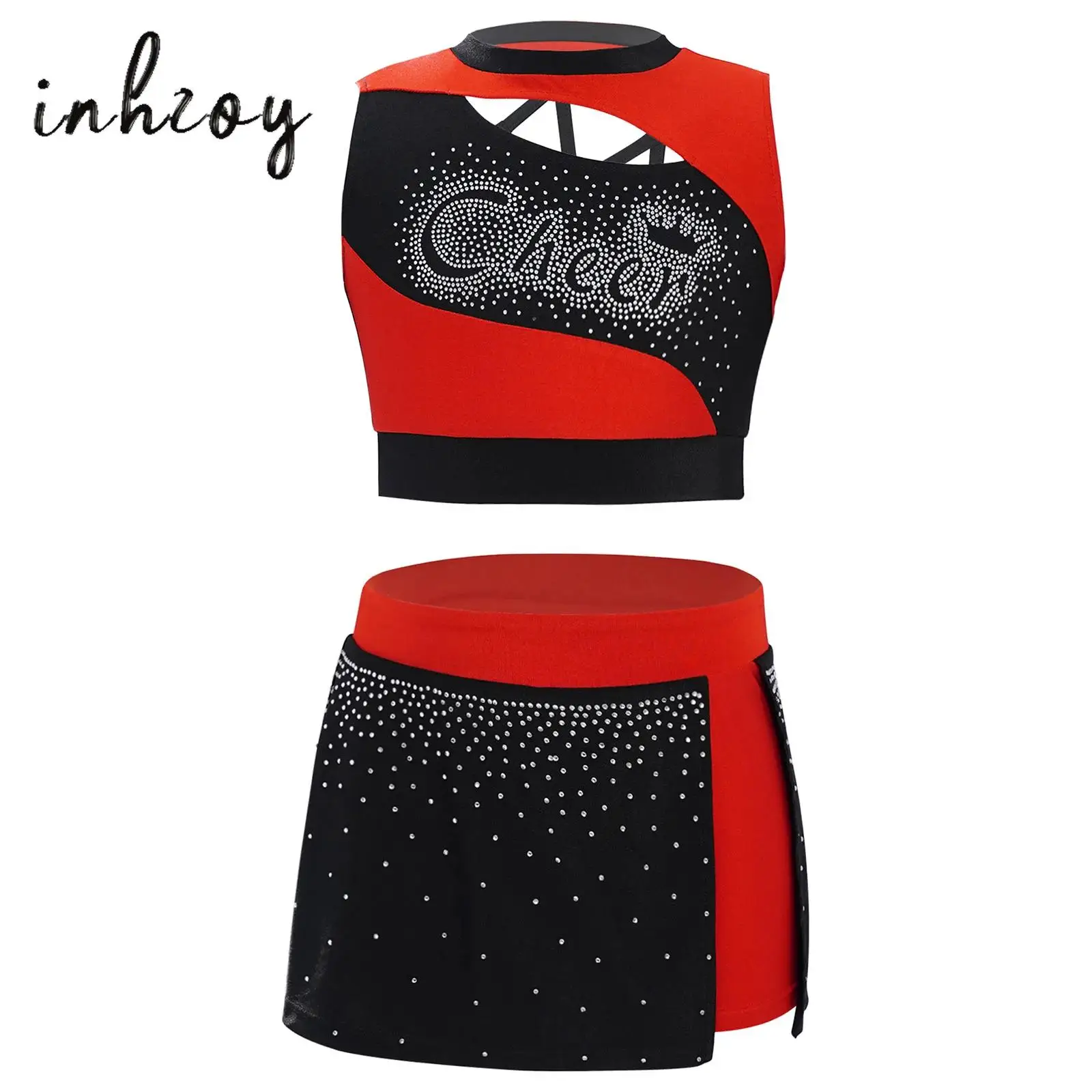 

Kids Girls Cheerleading Dance Outfit School Cheerleader Uniform Sleeveless Cutout Sparkling Rhinestones Crop Top+Side Slit Skirt