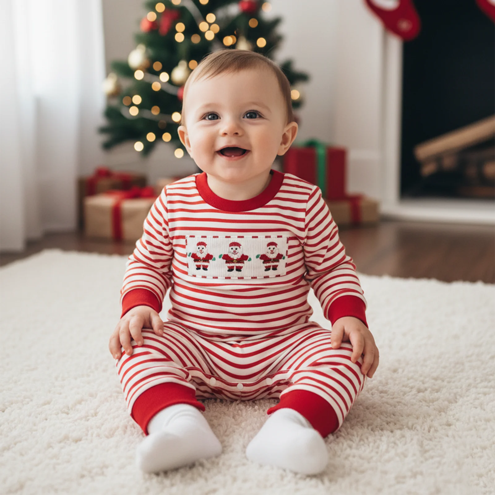 

Baby Girl Boy Christmas Sweatshirt Romper Striped Embroidered Long Sleeve Jumpsuit Cute Winter Fall Clothes