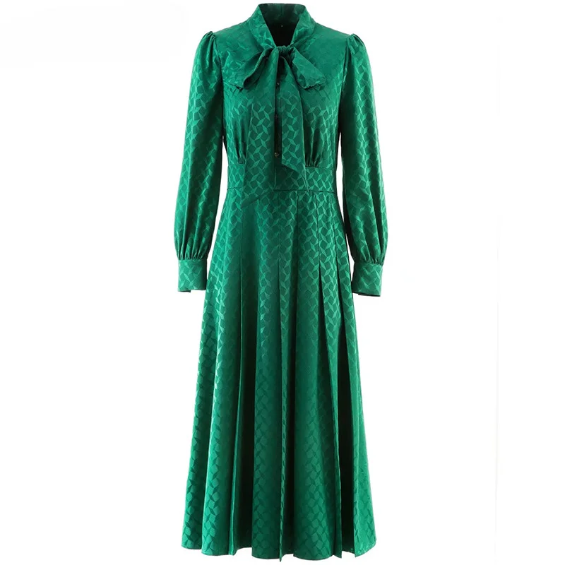 

Fashion Designer Spring Dress Women Long Sleeve A Row Of Buttons Emerald Vintage Party Elegant Ankle-Length Dress