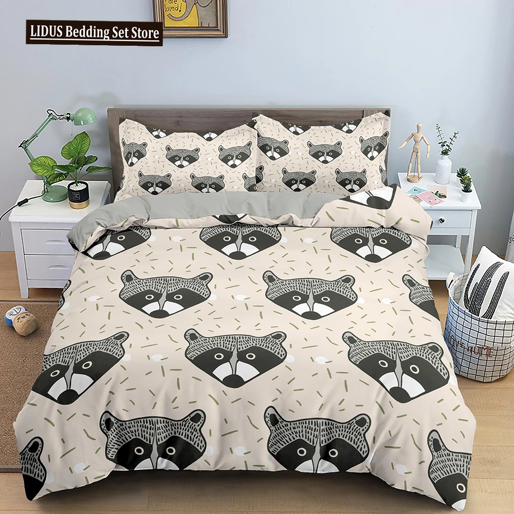 

Raccoon Duvet Cover Set Grey Black Wild Animals Colourful Background King Queen Size Comforter Cover Polyester For Kids Boy Girl