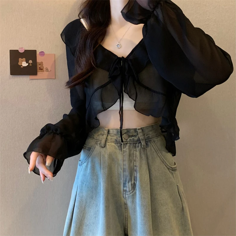 Women Bell Sleeve Flyaway Blouse Tie Front Ruffled Chiffon Crop Tops Bolero Teen-girl Sheer Cover Up Fairycore Femme Boho Outfit