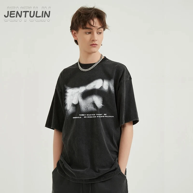 Hip Hop Streetwear 2024 Men T-Shirt Oversized Blurry Letters Vintage Graphic T Shirt Cotton Washed Black Tshirt Unisex Tops Tees