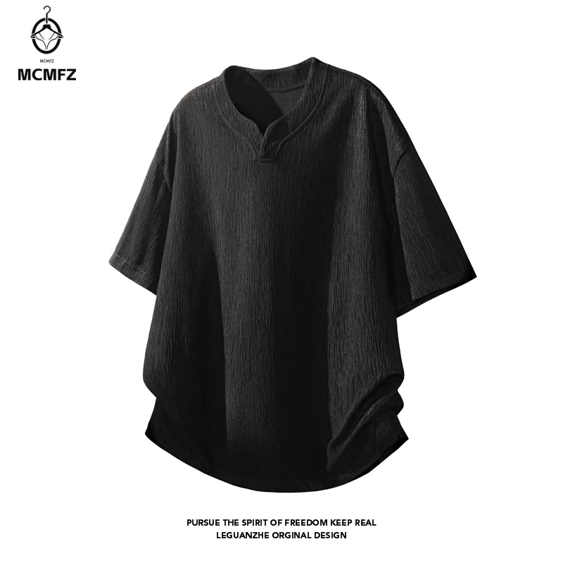 Male Summer Casual Notched Neck Short Sleeve Tee Crinkle Wrinkle Fabric Loose Design For Daily Commute Street Leisure Look