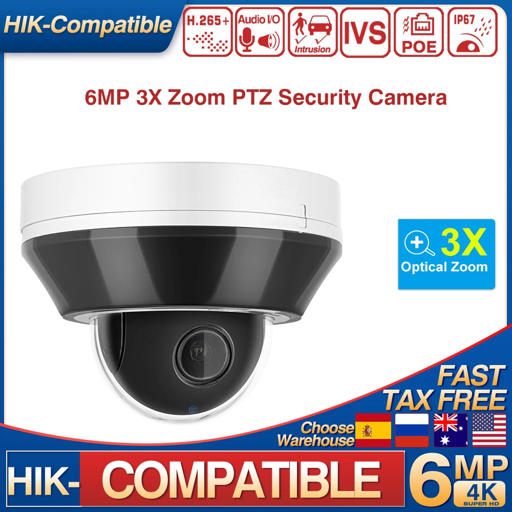 

Hikvision Compatible 6MP 3X Zoom HD POE PTZ IP Dome Camera Human & Vehicle Detection Built-in Mic Video Surveillance IP Camera