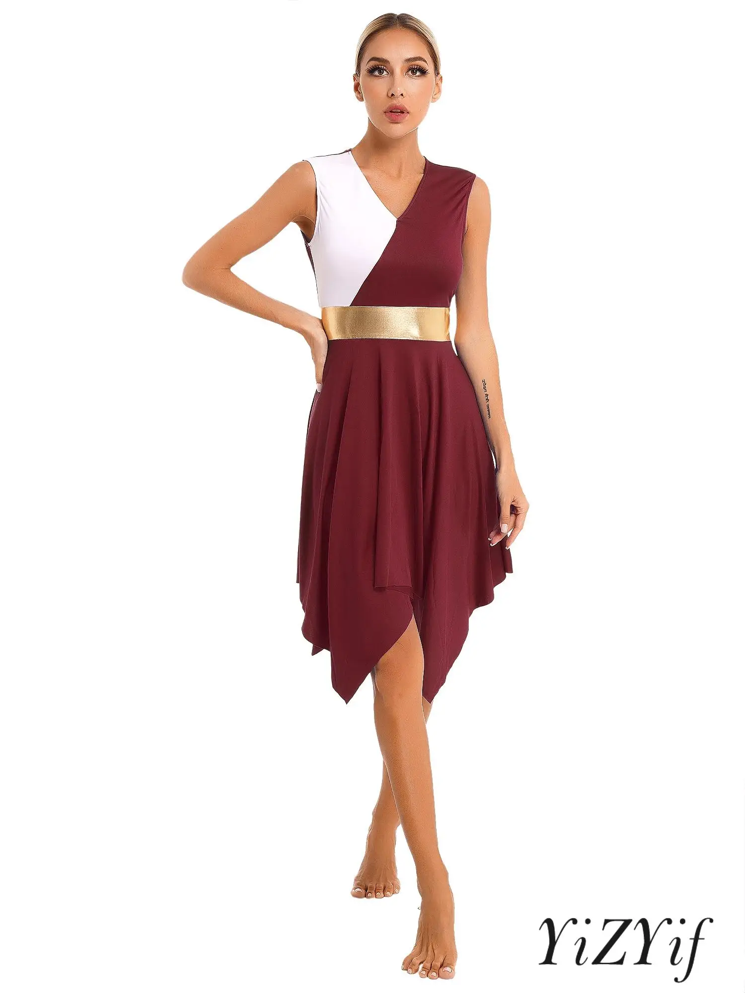 

Womens Sleeveless Lyrical Dance Dress Color Block Church Liturgical Praise Tunic Worship Dance Dress Contemporary Dancewear