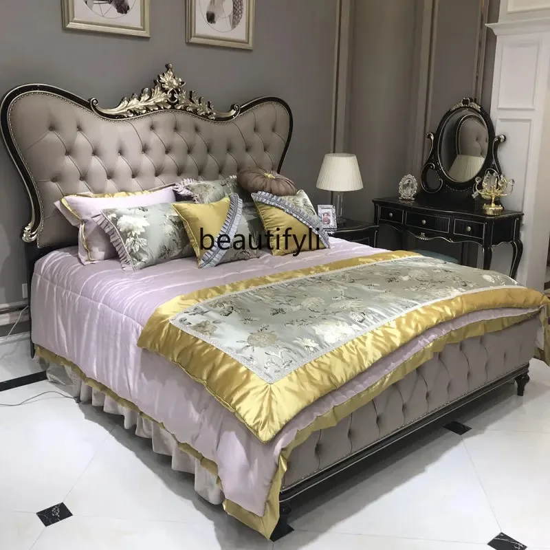QQ132 European-Style First-Layer Cowhide Bed Bedroom Luxury Solid Wood Carved New Classical 1.8 M Princess Bed Marriage Bed