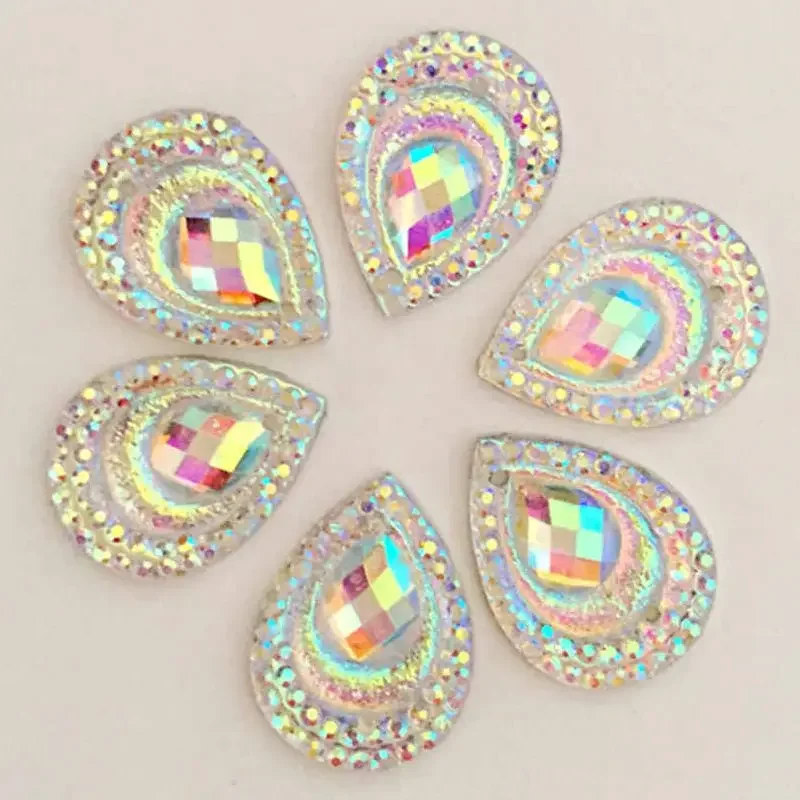 DIY 40pcs AB resin peacock eye drop shaped rhinestone wedding decoration 2 hole resin drill -B25