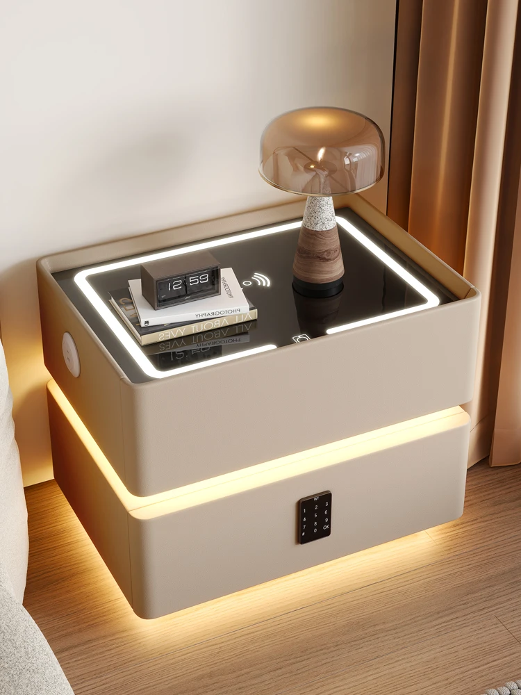 طاولة سرير ذكية من الخشب الصلب الحديث مع ضوء LED للشحن اللاسلكي بجانب السرير للاستخدام في غرفة نوم المنزل والمستشفى
