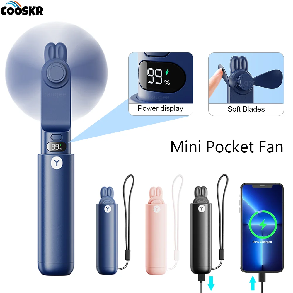 Mini Portable Fan USB Rechargeable Hand Held Fan Small Pocket Fan Foldable Handheld Fan with 2000mAh Power Bank and LED Display